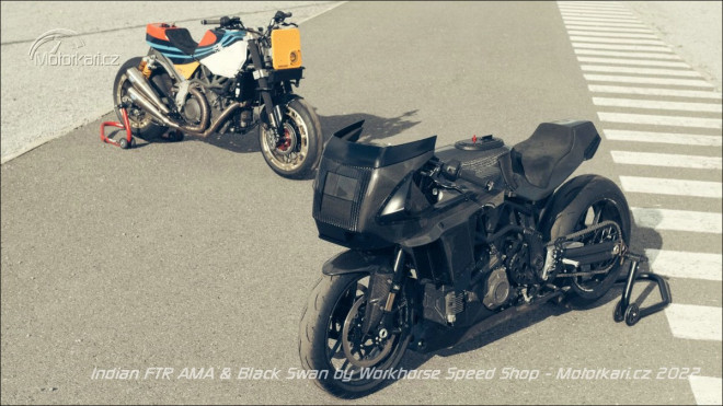 Stejný Indian FTR, stejný úpravce, dvě úplně jiné motorky. AMA a Černá labuť od Workhorse Speed Shop